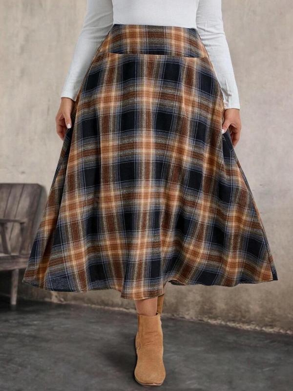  Plaid Print Elastic Waist Flared Skirt, Casual Fashion Long Skirt for Daily Outdoor Wear, Women Clothing for Fall & Winter